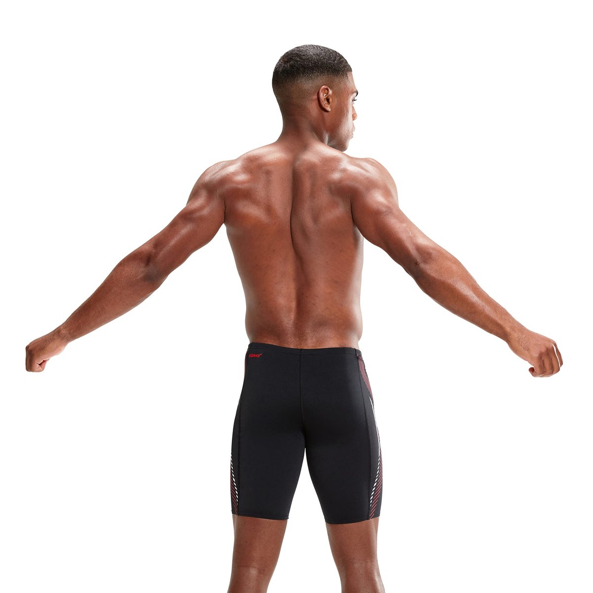 Short de bain à taille mi-haute motif/style rayures TECH PANEL noir / rouge, SPEEDO