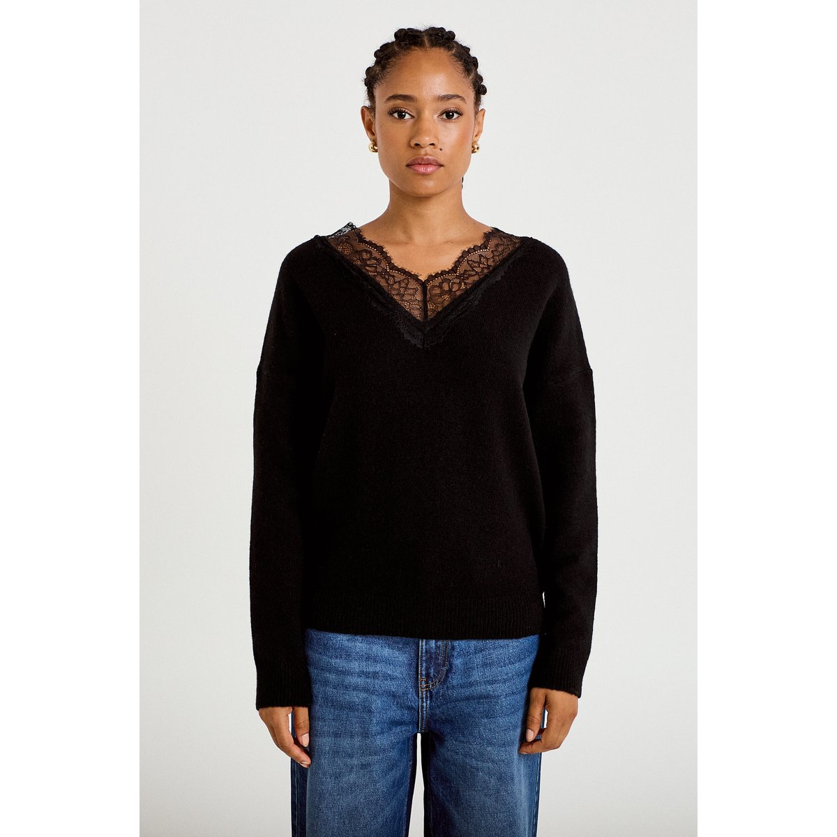 Pull col v manches longues dentelle noir, CACHE CACHE