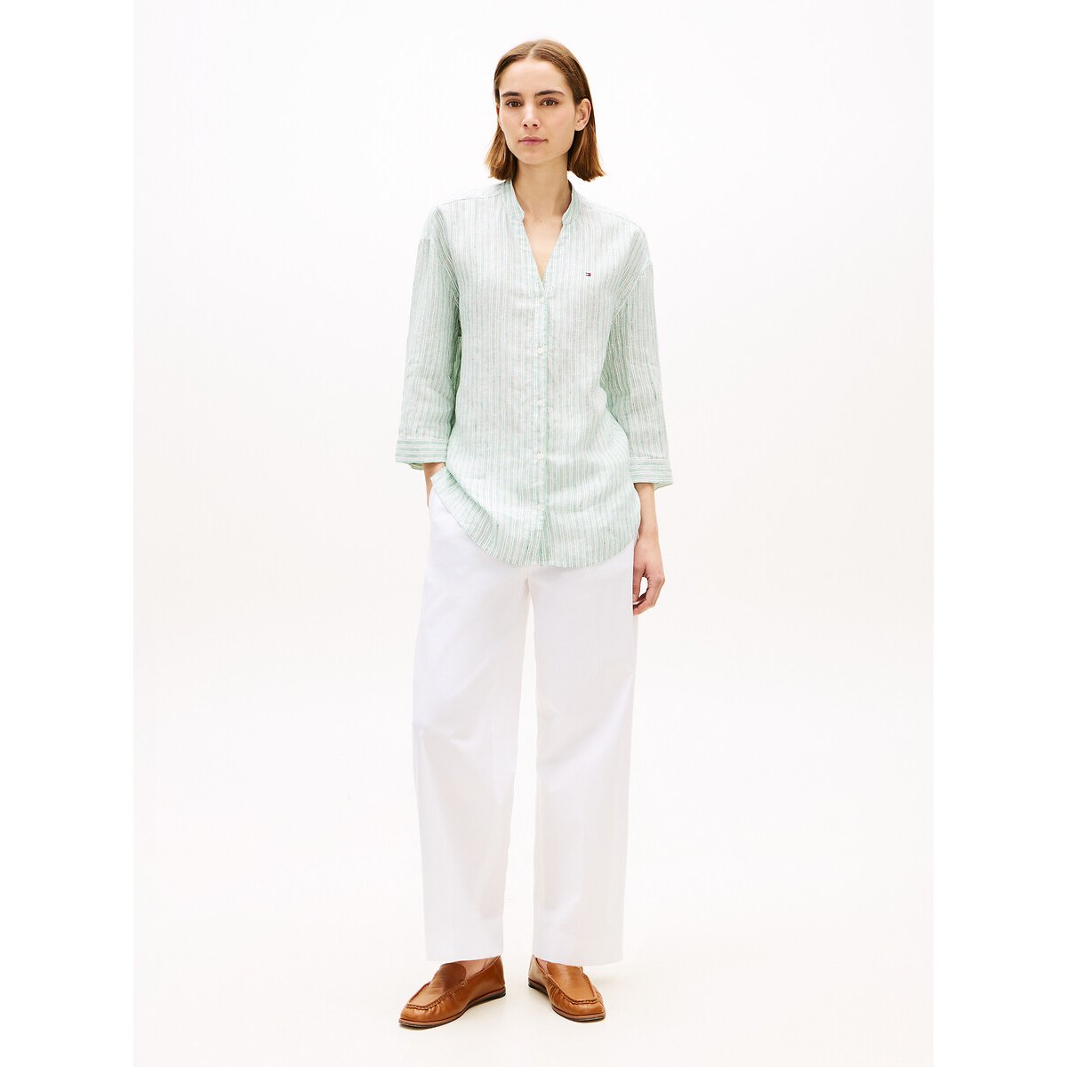 Linnen blouse met V-hals, 3/4 mouwen gestreept groen/ecru, TOMMY HILFIGER