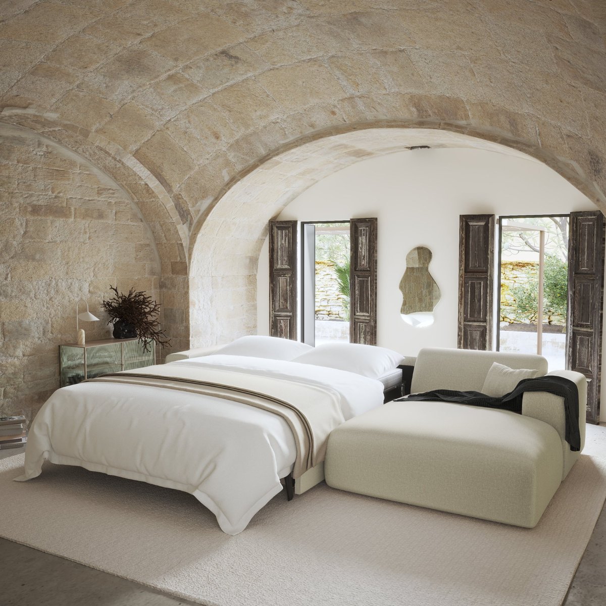 Canapé angle droit convertible express 5 places en tissu tramé MYRA beige, SIA HOME