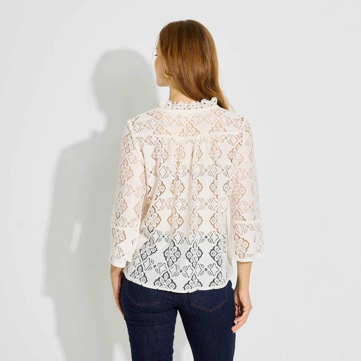 Blouse ajourée col volanté blanc cassé ecru, GRAIN DE MALICE