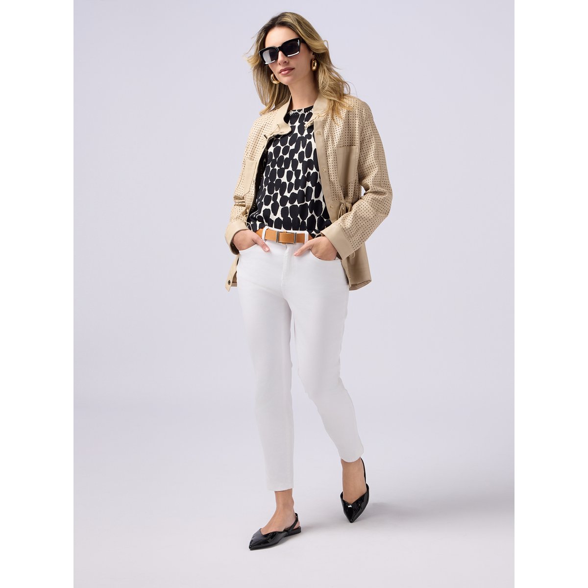 Pantalon skinny en coton avec bouton bijou blanc, OLTRE