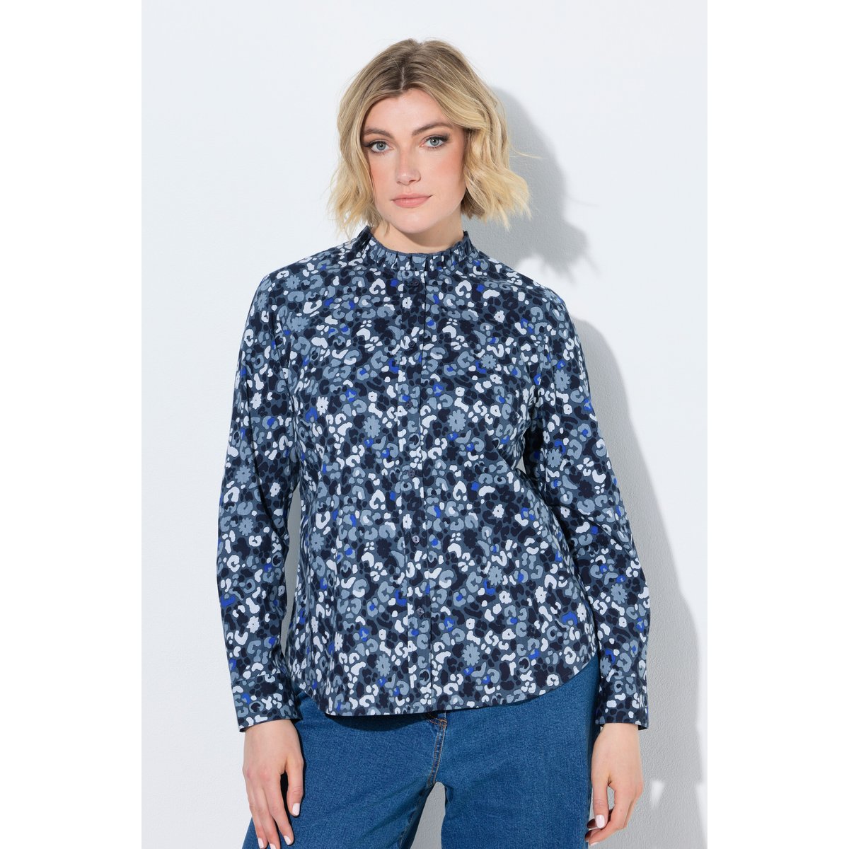 Chemisier motif léopard et ruchés bleu jean mat, ULLA POPKEN