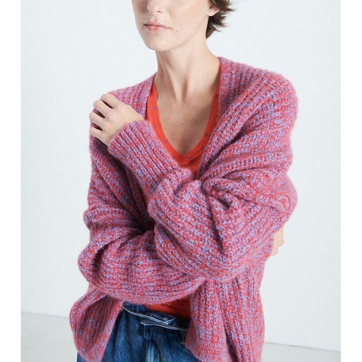 East Short Cardigan Thrown Knit with Long Sleeve red, AMERICAN VINTAGE