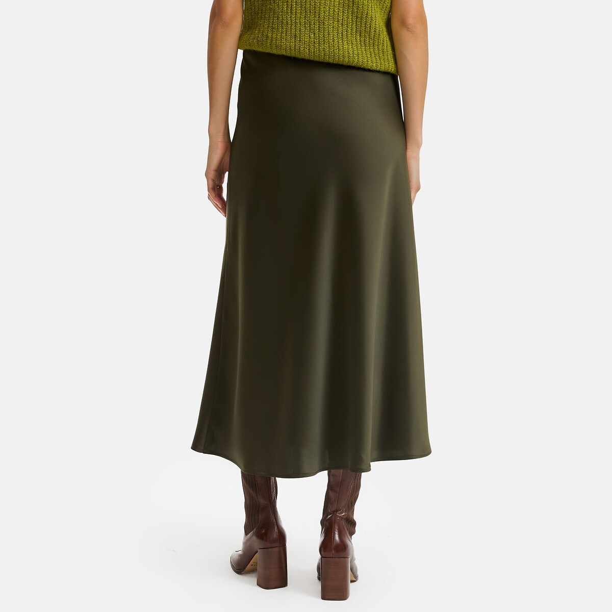Matt Satin Full Elasticated Waist Midi Skirt khaki green, LA REDOUTE COLLECTIONS
