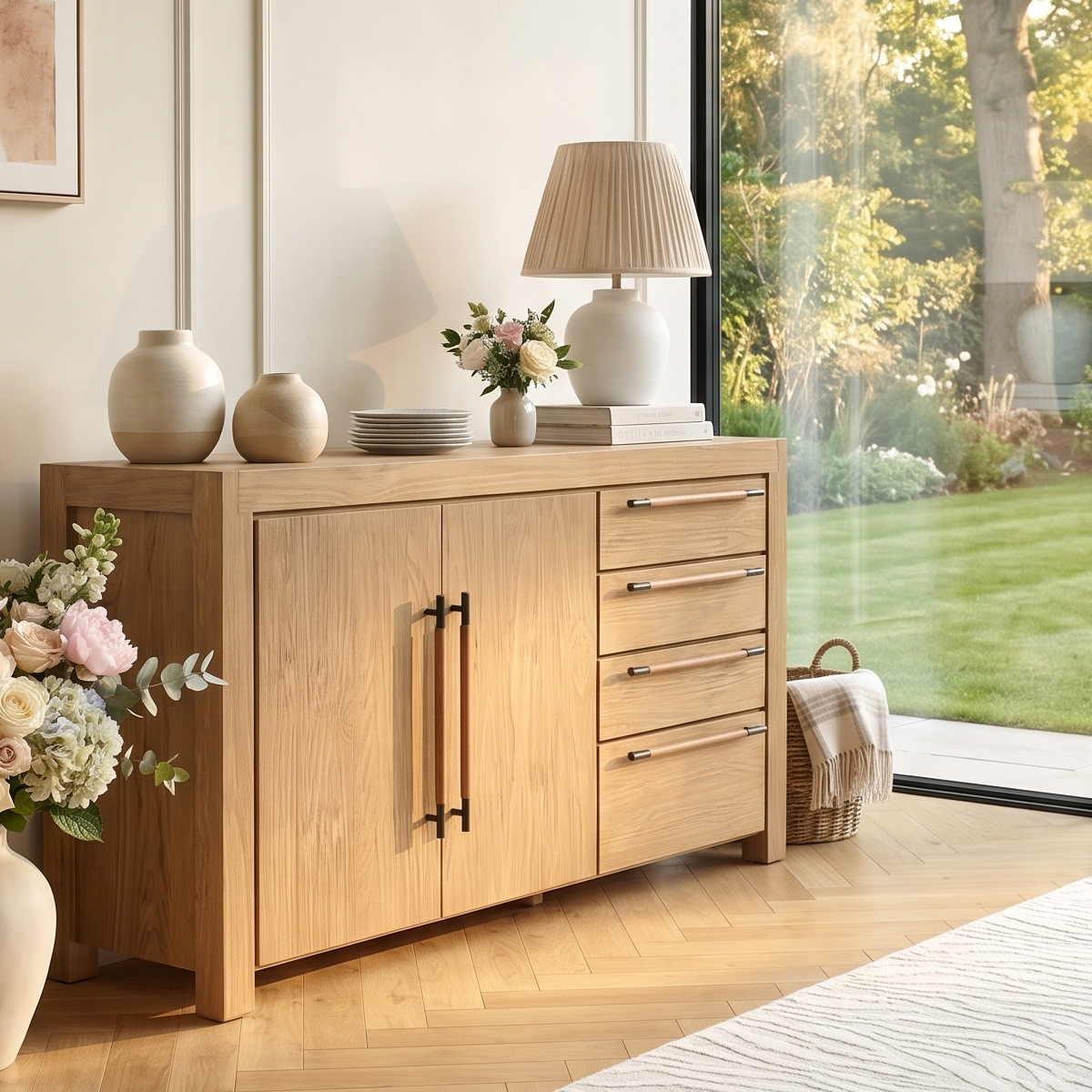 Buffet salon moderne en bois massif, 4 tiroirs, 2 portes MEGÈVE marron, ROBIN DES BOIS