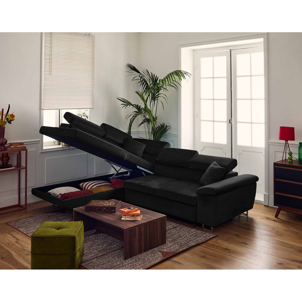 Canapé d'angle gauche convertible 5 places, DIMAS noir, BEST MOBILIER