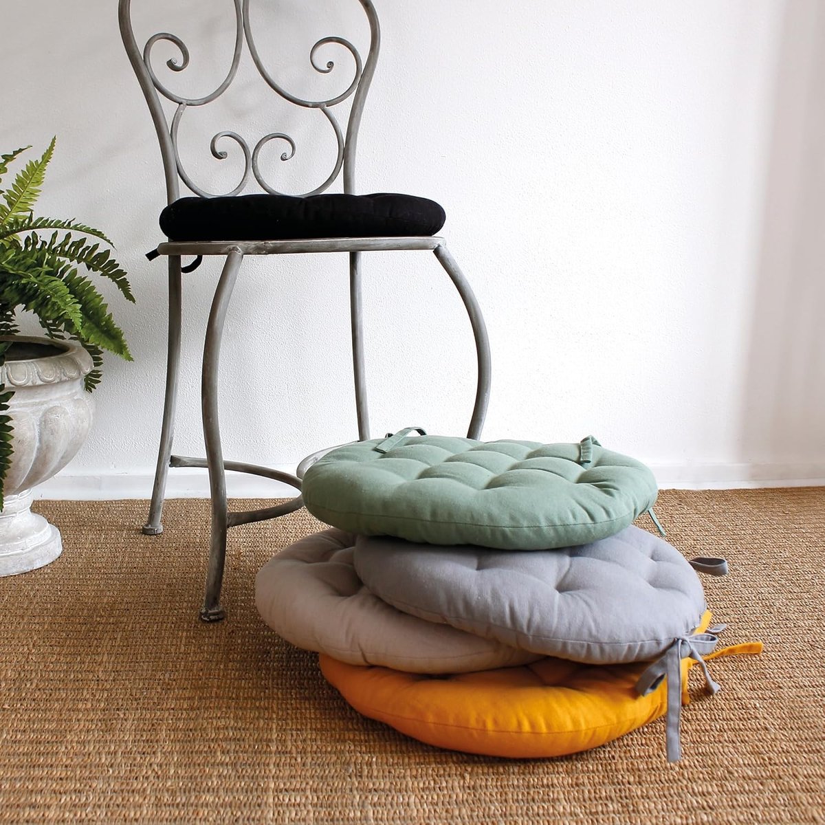 Galette de chaise ronde Panama noir, EDEN