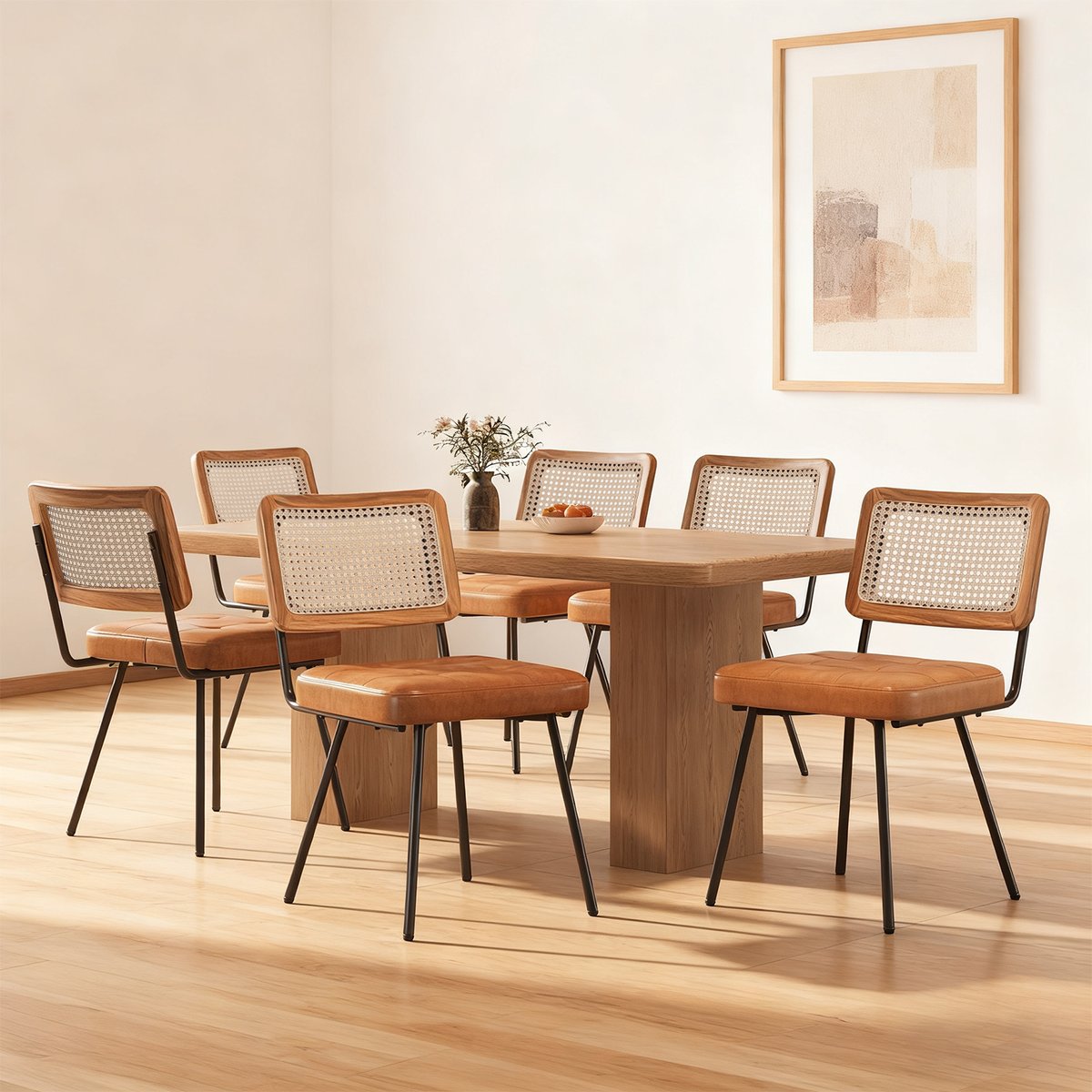 Lot de 6 chaises de salle à manger en simili cuir avec dossier en rotin PE style rétro moderne, KAROMIR marron, MEUBLES COSY