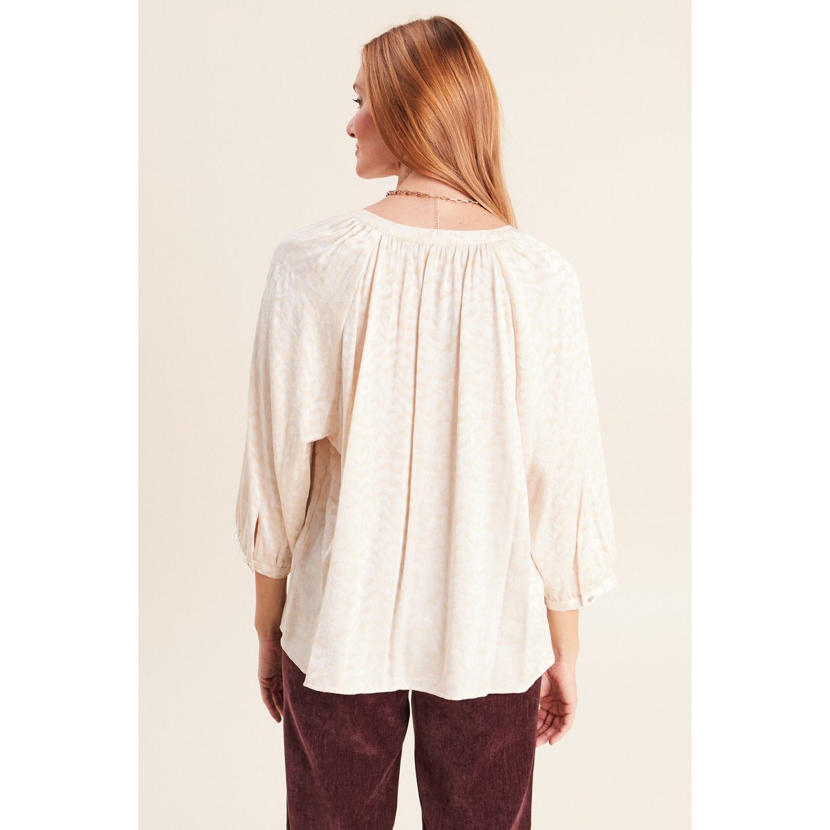 Chemise ample jacquard col v manches 3/4 blanc, BREAL