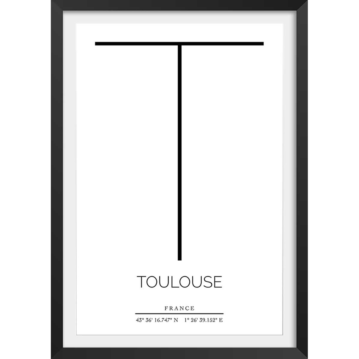 Poster t toulouse affiche + cadre en bois - noir, HEXOA