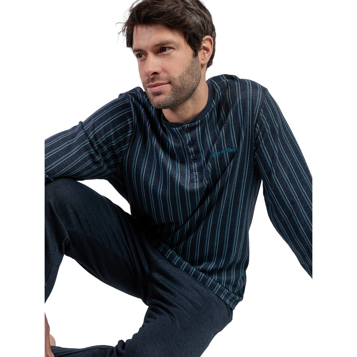 Pyjama pantalon polo manches longues Italic bleu marine, ADMAS