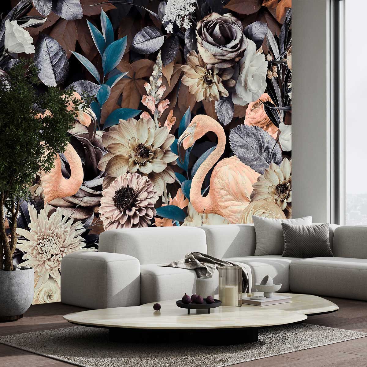 Papier peint jardin de flamants roses intissé, HEXOA