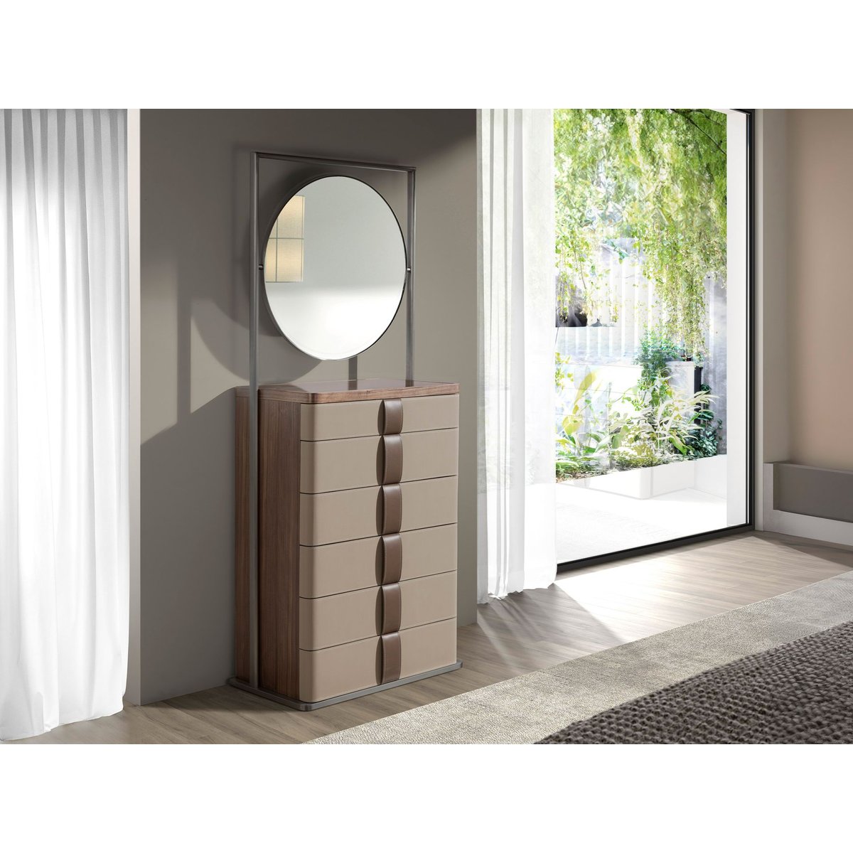 Commode en similicuir, noyer, acier et plateau en verre fumé avec miroir taupe | noyer | acier, ANGEL CERDA