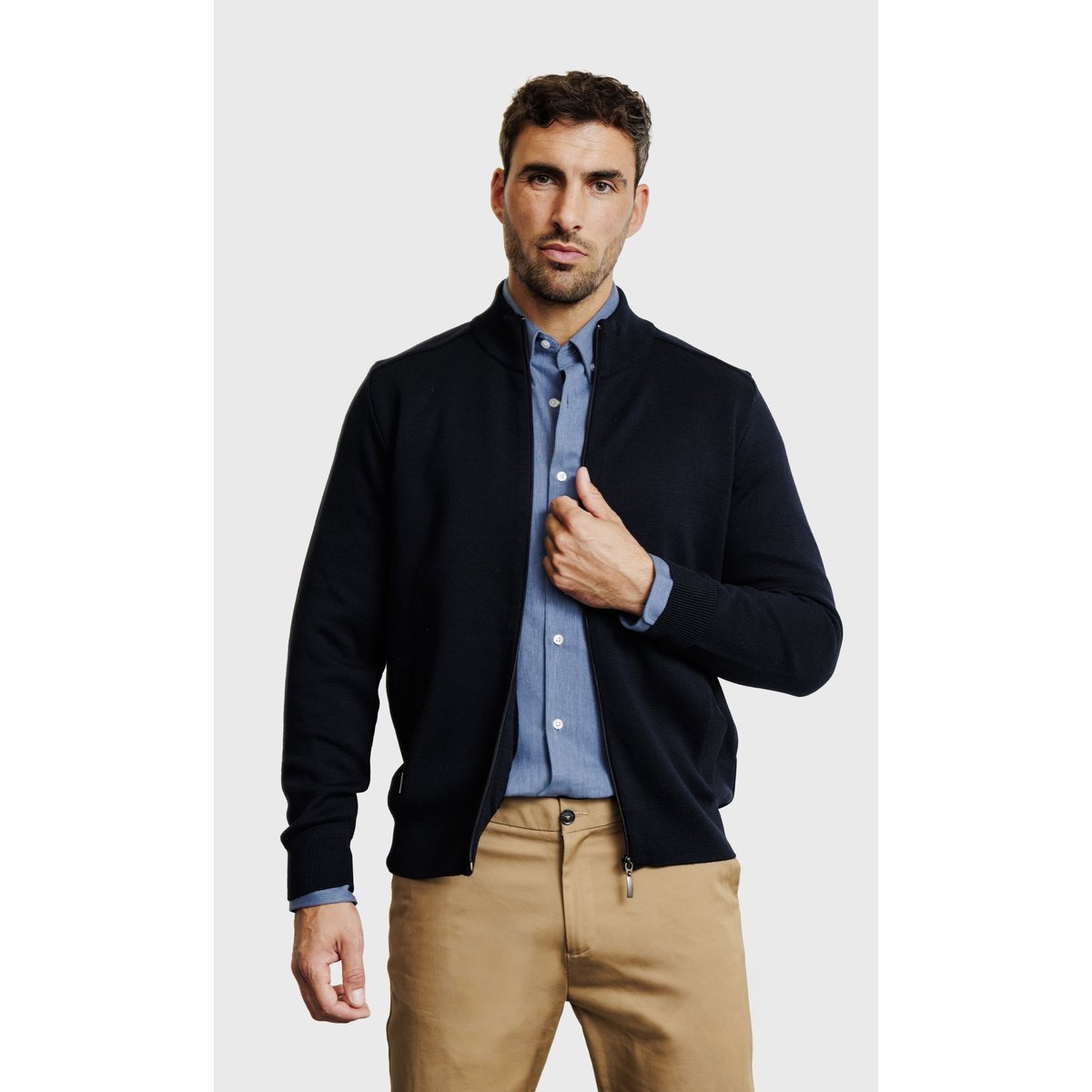 Gilet en maille Milano 3 fils en laine mérinos bleu marine, ACROSS