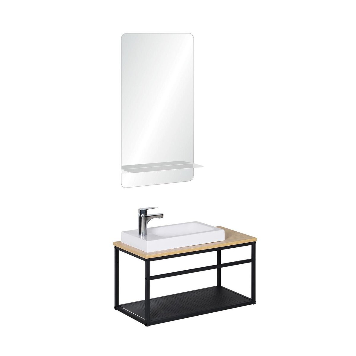 Ensemble lave-mains grande largeur avec miroir 60cm WILO vasque blanche et miroir tablette blanche, MOB IN