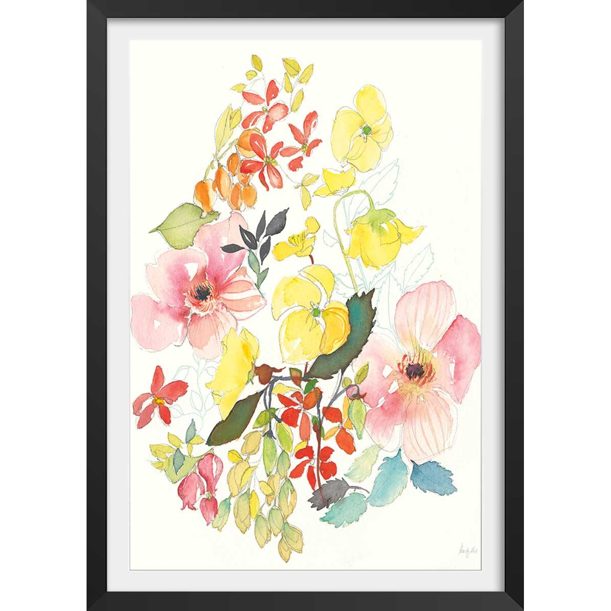 Affiche fleurs Boutons d'or affiche + cadre en bois - noir, HEXOA
