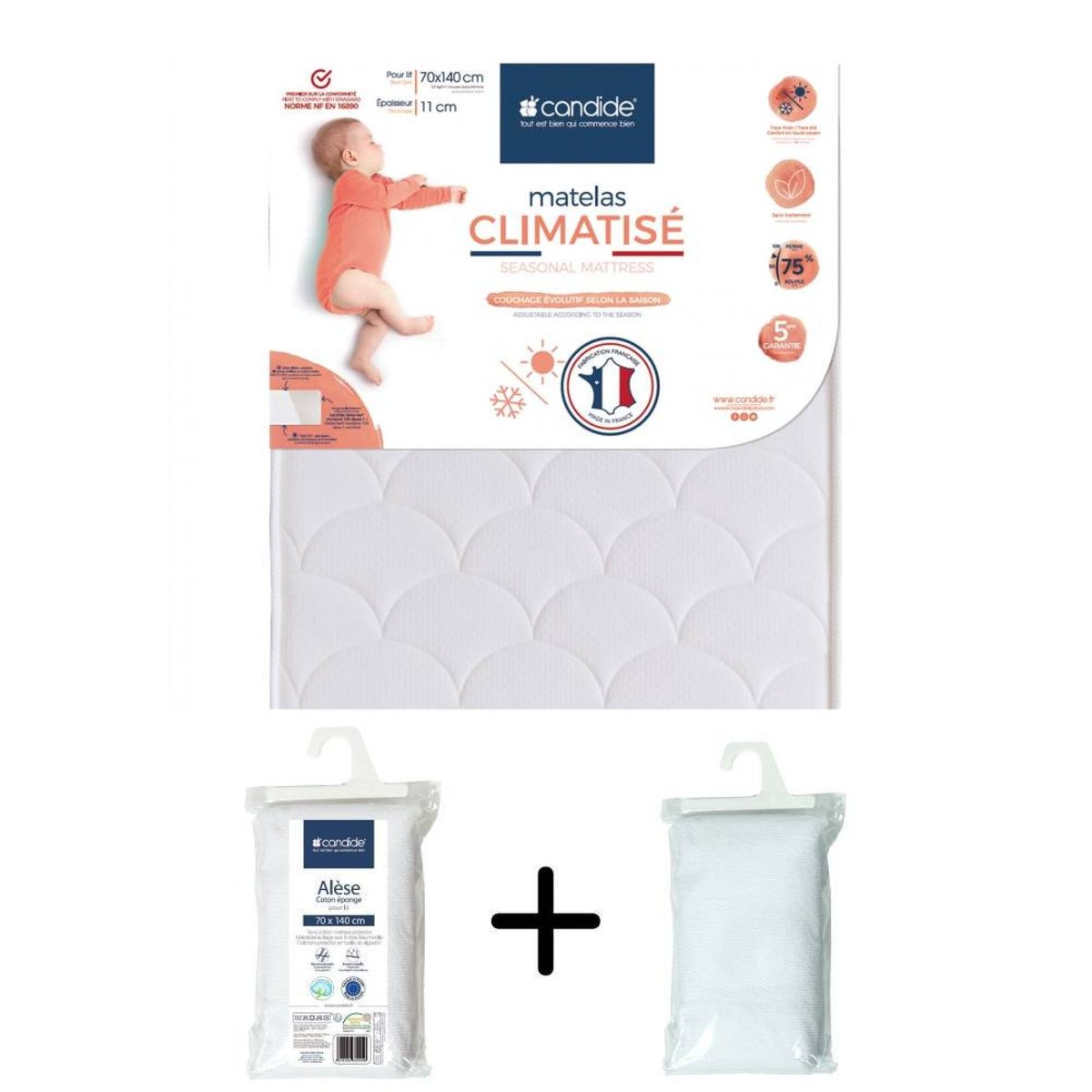 Pack Matelas bébé climatisé + alèse blanc + drap housse blanc blanc, CANDIDE