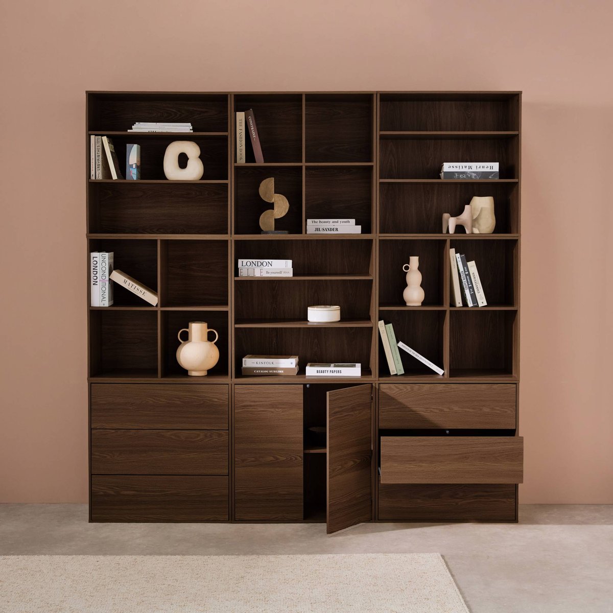Kit étagère, bibliothèque modulable décor bois 9 éléments KOMPO noyer, SWEEEK
