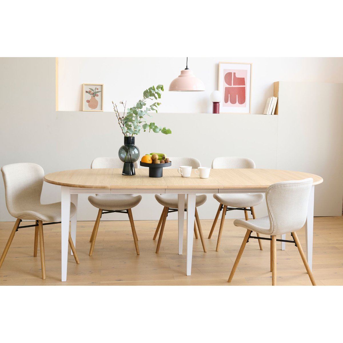 Table ronde 6 pieds fuseau D105 + 3 rallonges bois - VICTORIA blanc, HELLIN, DEPUIS 1862