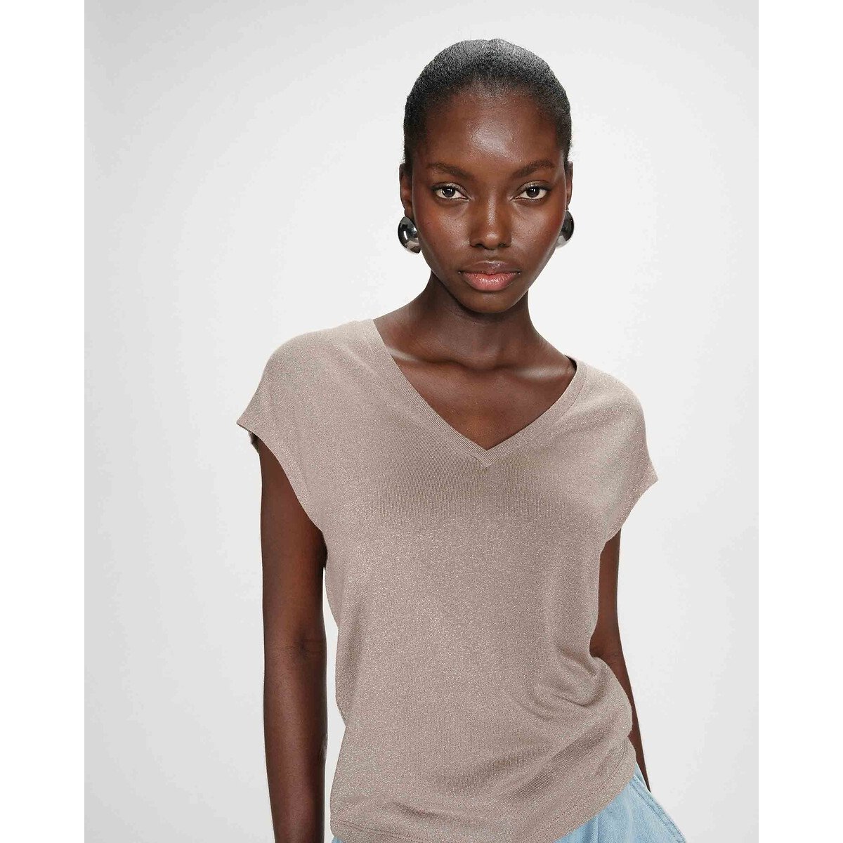Lurex T-shirt met V-hals VALSONS beige , GRACE & MILA