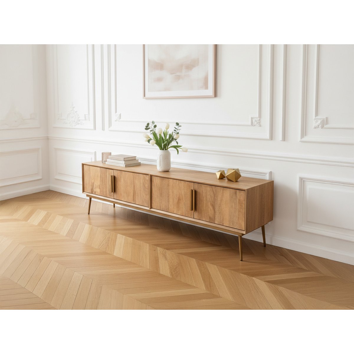 Meuble TV 180 cm bois massif, BRUGES marron clair, BOBOCHIC