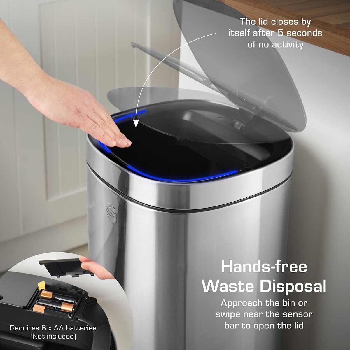 30L Square Sensor Bin silver-coloured, SWAN