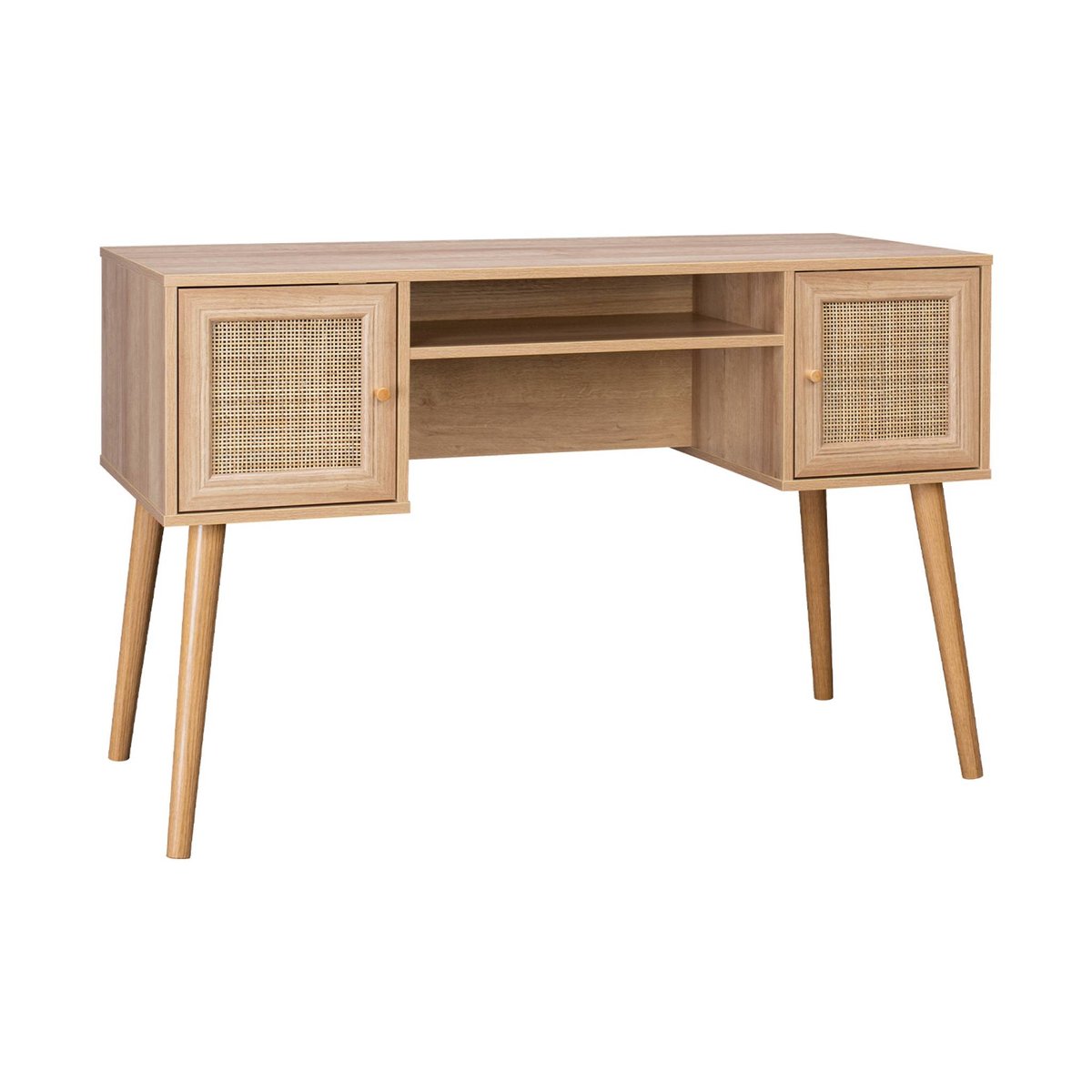 Bureau décor bois et cannage 2 portes BOHÈME naturel, SWEEEK