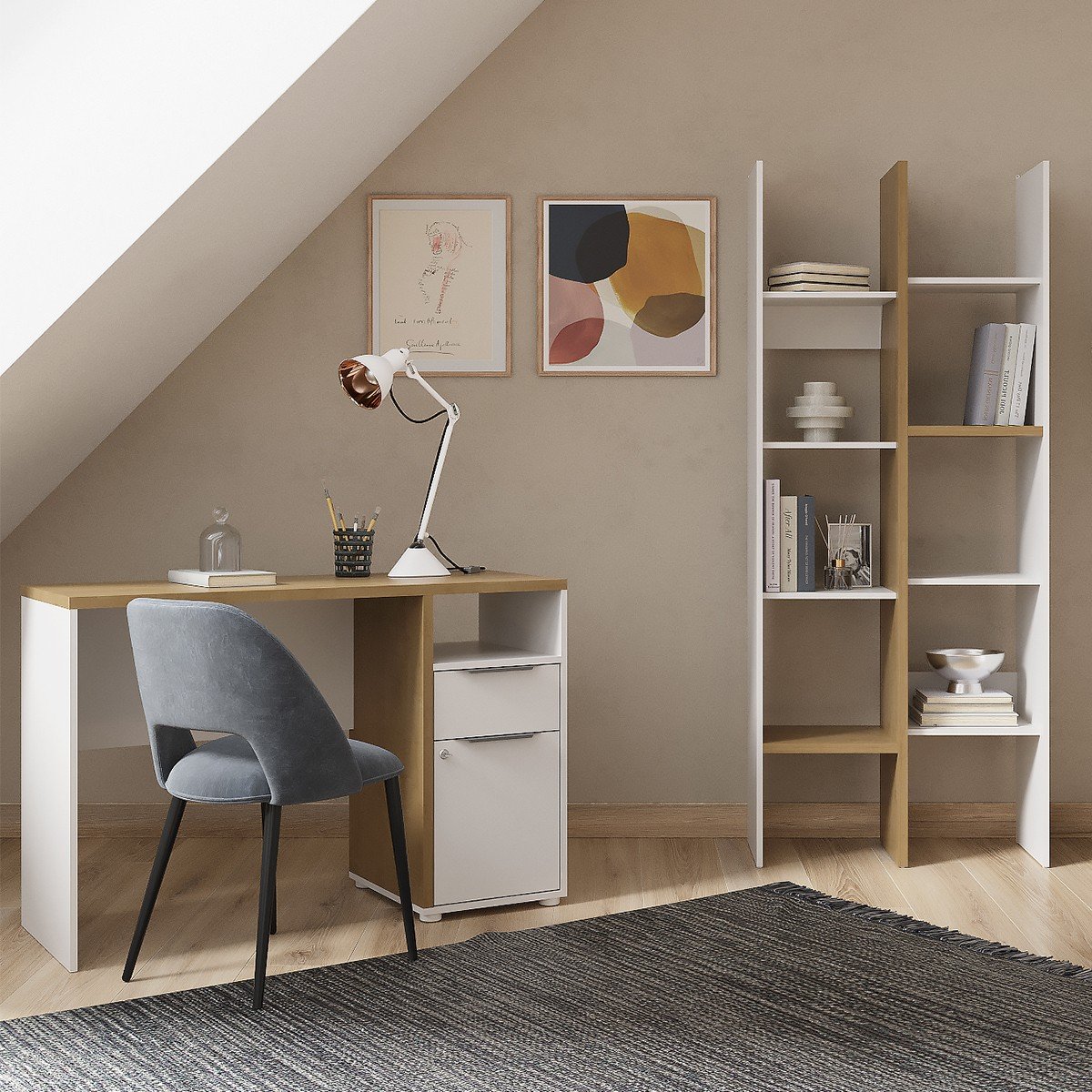 Bureau 1 porte, 1 tiroir et 1 niche décor chêne et blanc mat H77,4 cm - ACCESS bois clair, CALICOSY