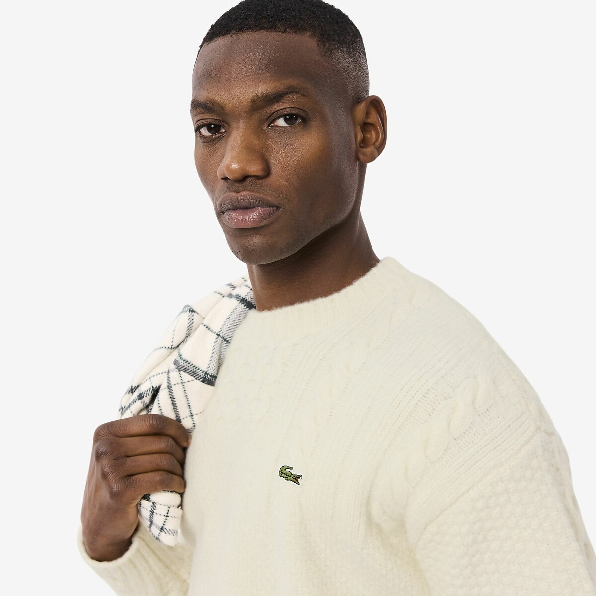 Relax fit trui met ronde hals van pluizige wolmix creme   , LACOSTE