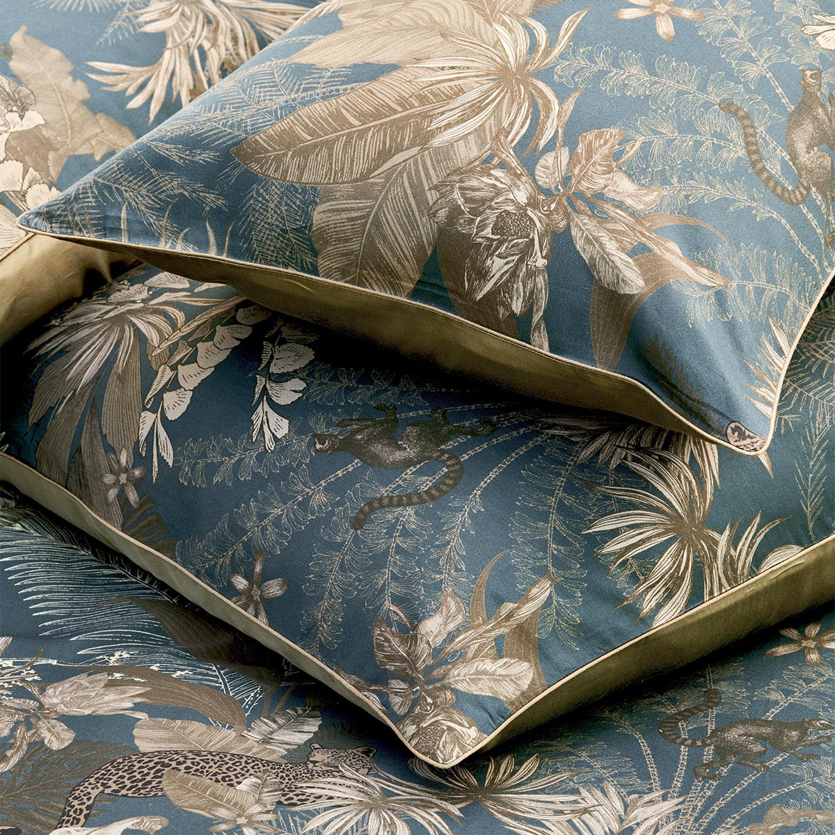 Taie d'oreiller satin de coton RAINFOREST bleu dore, GARNIER THIEBAUT