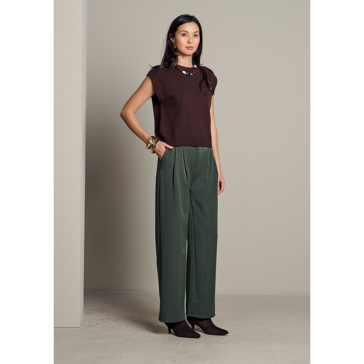 Pantalon ample en flanelle khaki, LOLALIZA