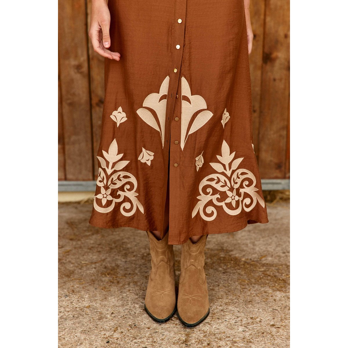 Jupe longueur midi évasée imprimé broderie JAELA 15-camel, LA PETITE ETOILE