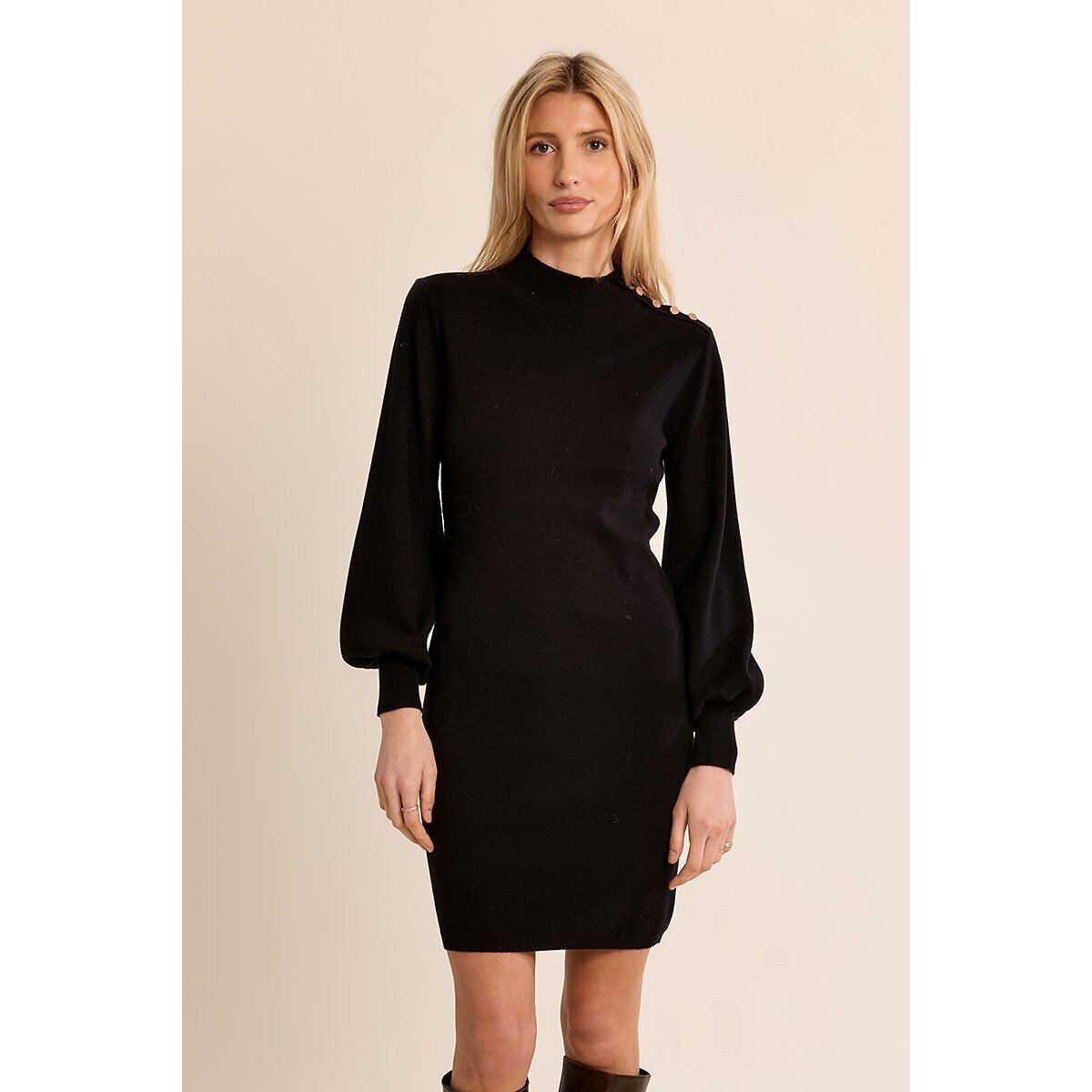 Robe pull en maille à manches ballons noir, MOLLY BRACKEN