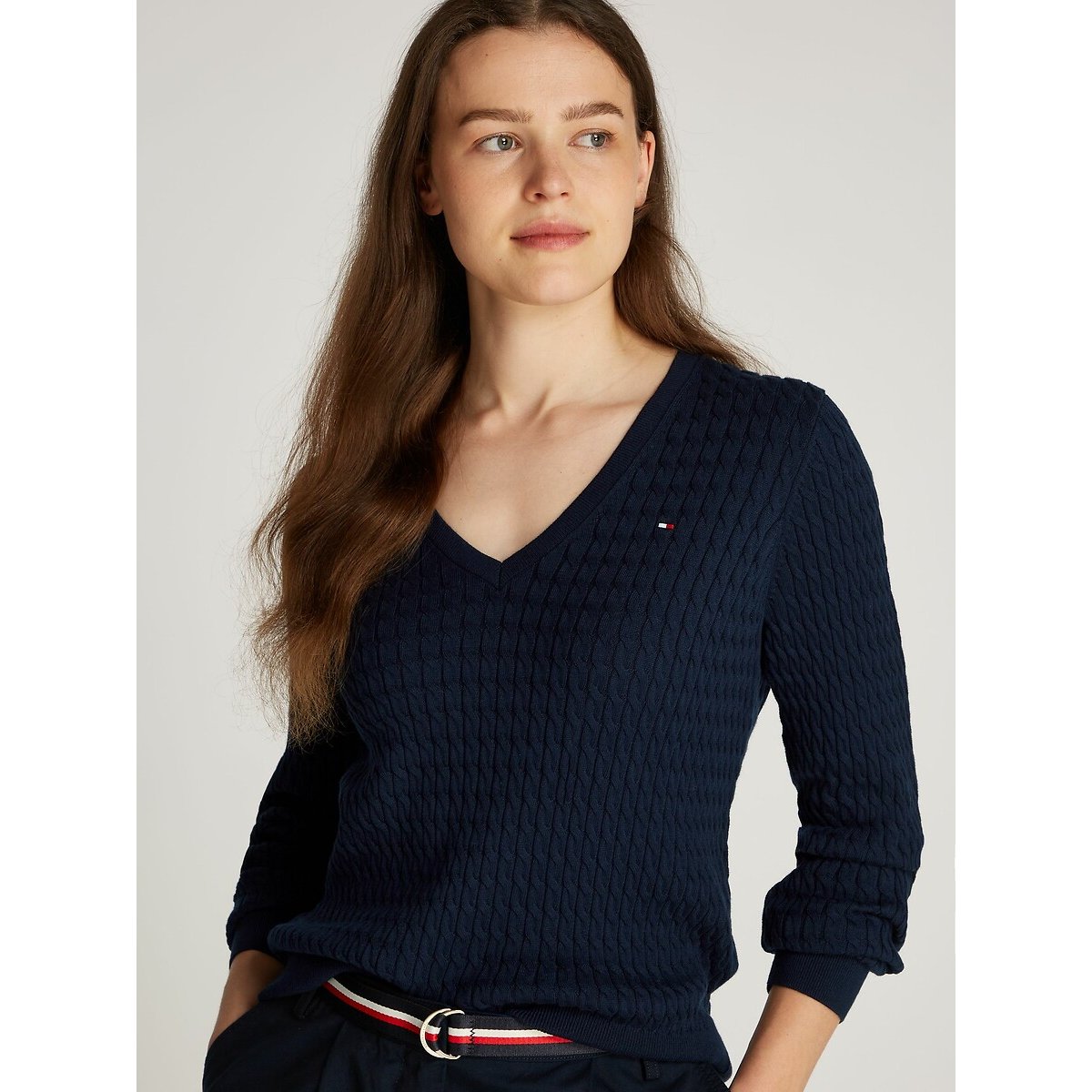 Pull col V maille torsadée marine, TOMMY HILFIGER