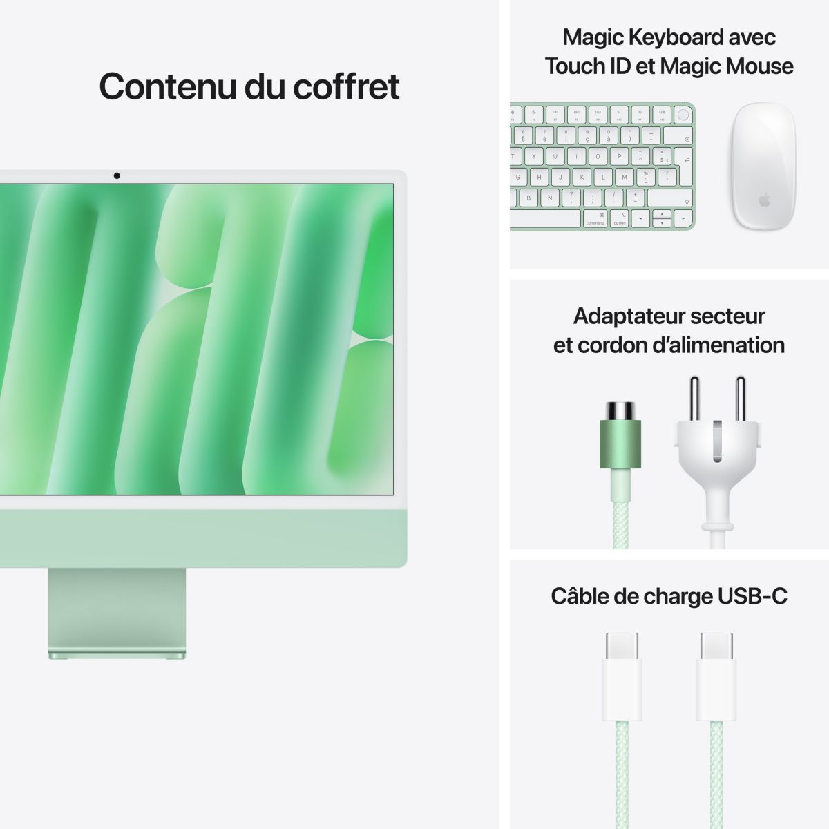 Ordinateur Apple 24" Ecran Retina 4,5K Puce M4 CPU 10 / GPU 10 coeurs Mémoire RAM 24Go Stockage 512Go SSD Vert couleur unique, APPLE