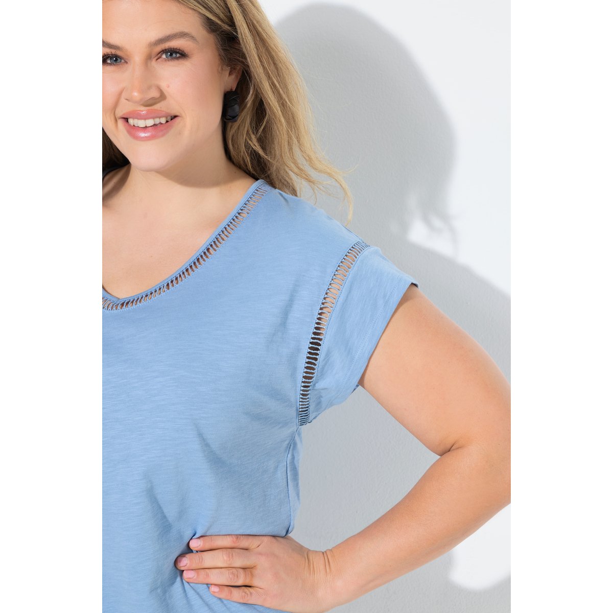 T-shirt V, Oversized, coton bio bleu pigeon, ULLA POPKEN