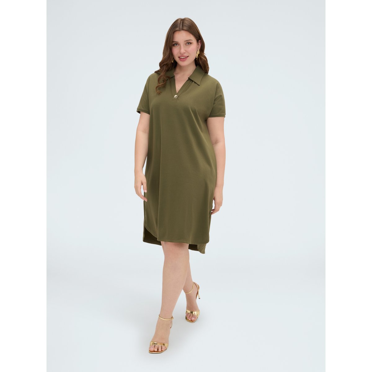 Robe avec col polo et bouton bijou verde militare, FIORELLA RUBINO