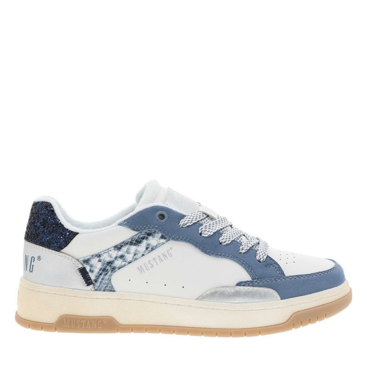 Sneakers écrues à talon plat avec des lacets et motif léopard bleu, MUSTANG