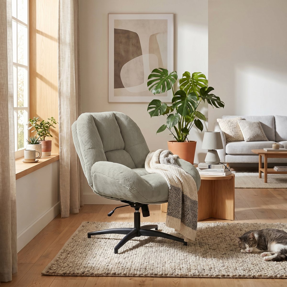 Fauteuil relax réglable et rotatif en velours côtelé, LITHOPSFIXCORD gris, MEUBLES COSY