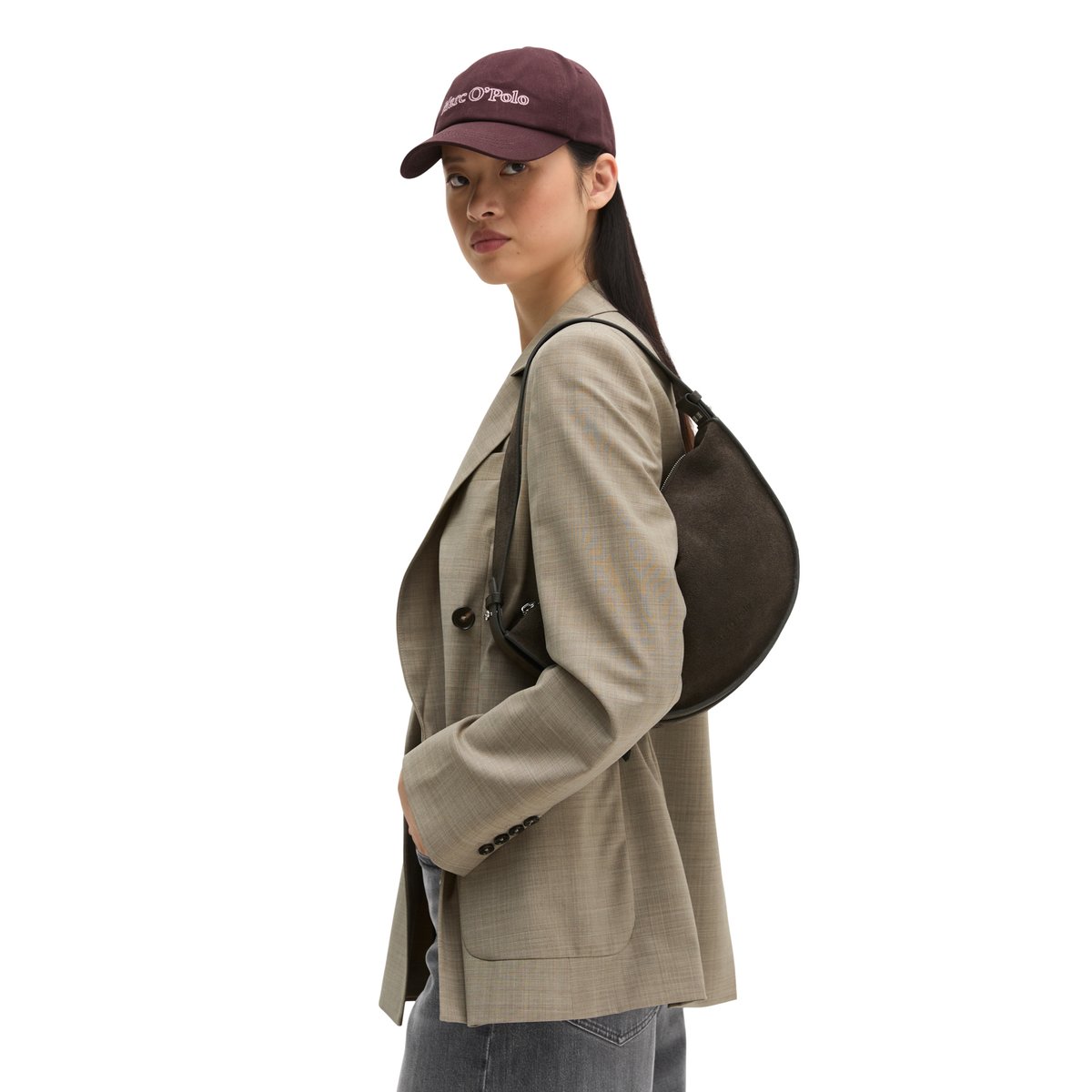Sac à bandoulière modèle Aami moyen en cuir velours souple marron foncé, MARC O'POLO