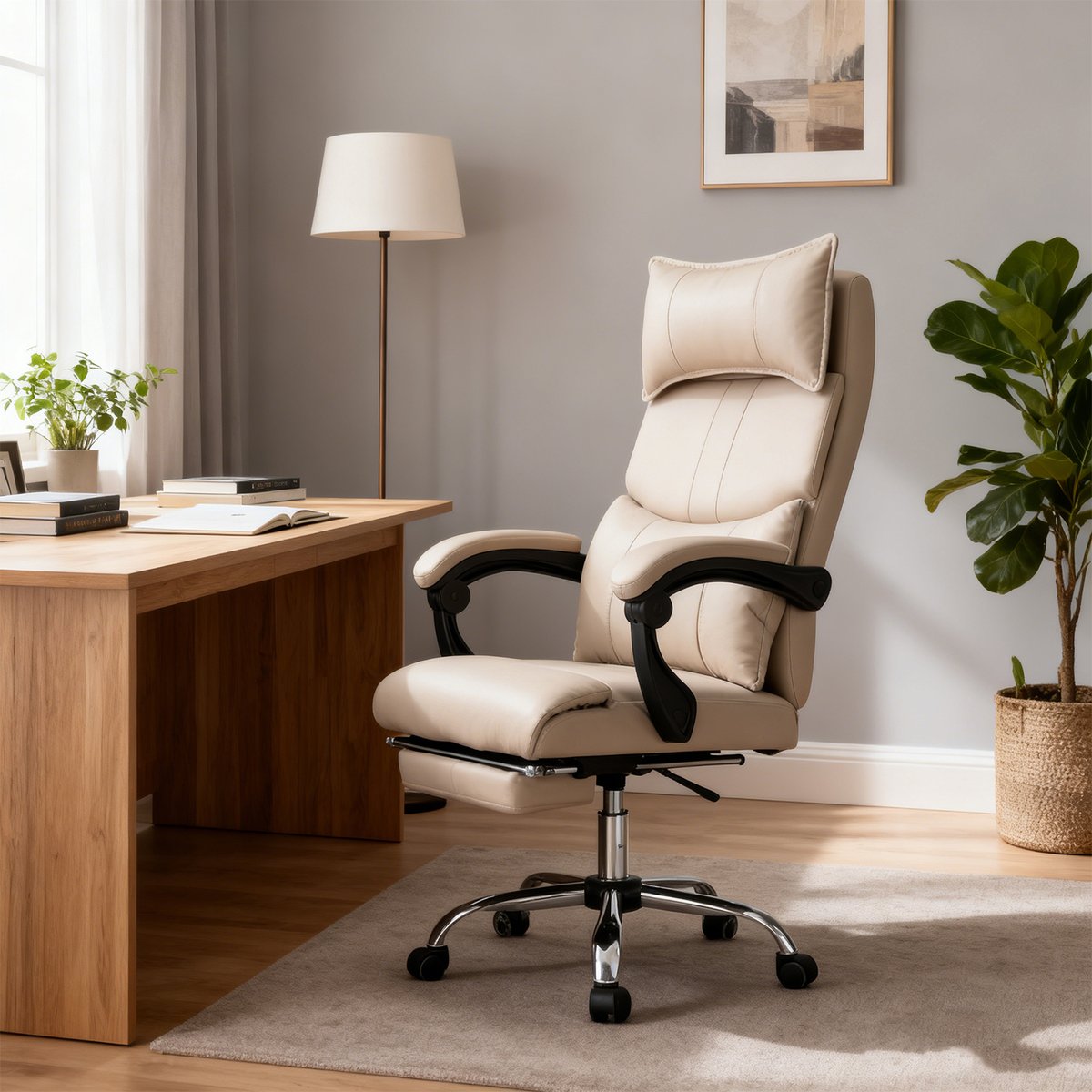 Fauteuil de bureau ergonomique pivotant avec double soutien lombaire et hauteur réglable, ABBOOTE kaki, MEUBLES COSY