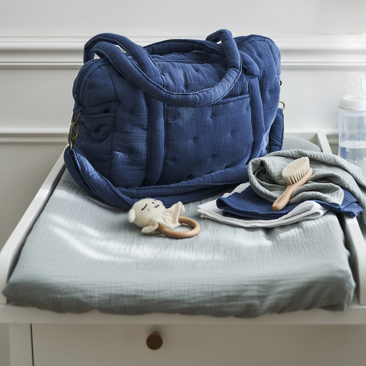 Lot de 3 langes bébé en gaze de coton, Kumla bleu prusse/vert de gris/blanc, LA REDOUTE INTERIEURS