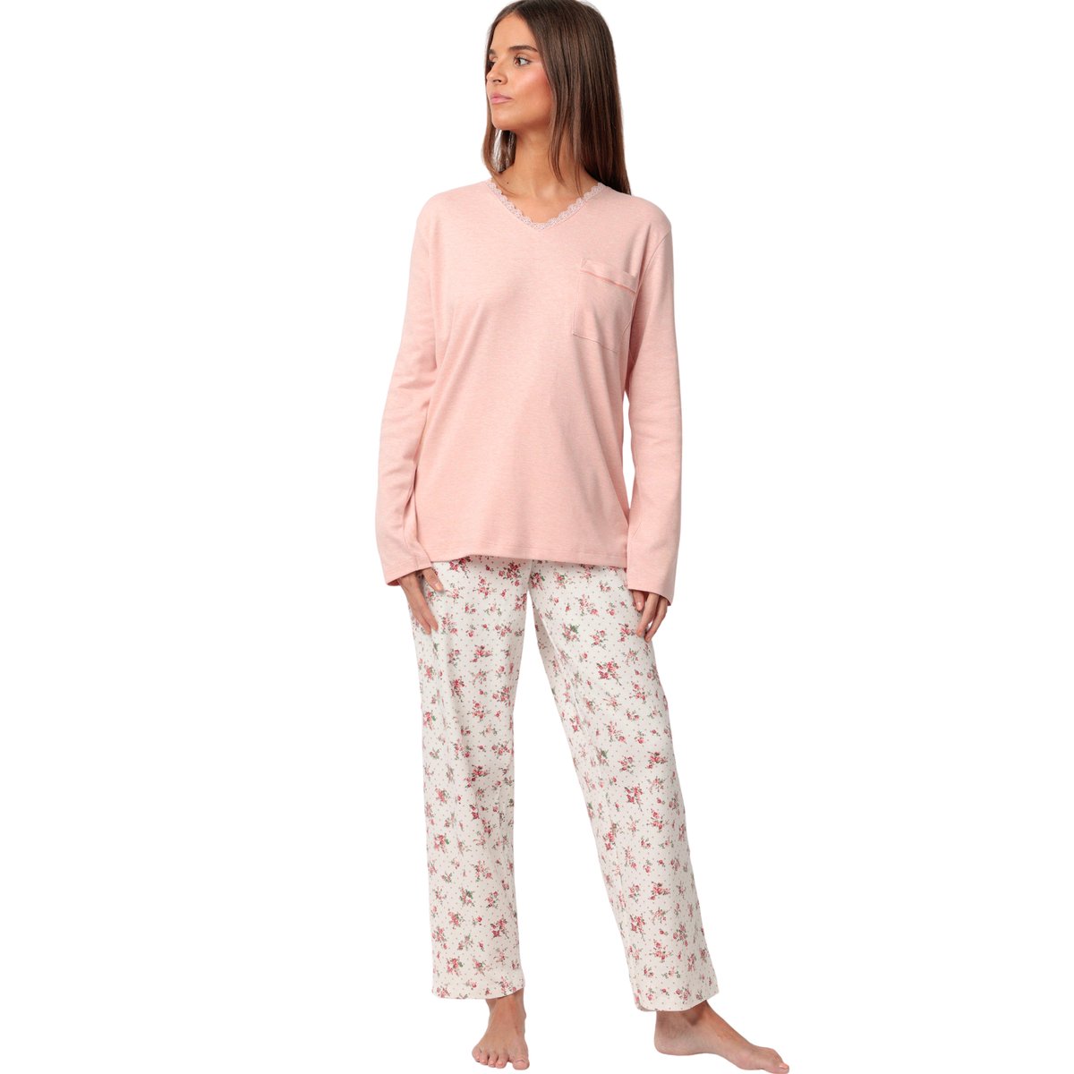 Pyjama pantalon top manches longues Dots And Flowers corail, ADMAS