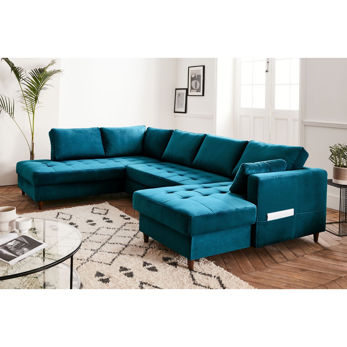 Canapé d'Angle Convertible 7 places - ANNA bleu canard, BEST MOBILIER