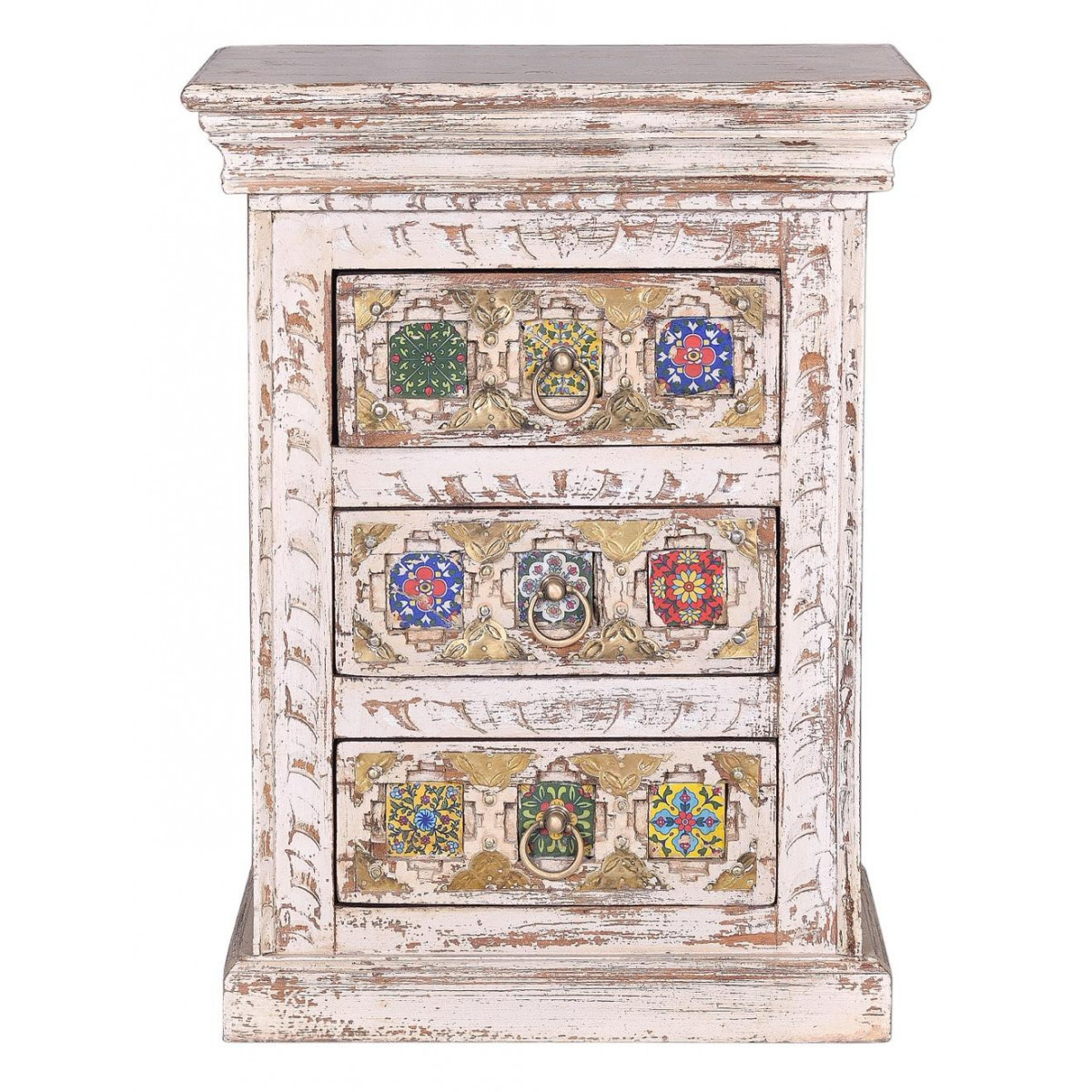 Table de chevet 3 tiroirs bronze - ZÉLIA blanc, DECORATION D’AUTREFOIS