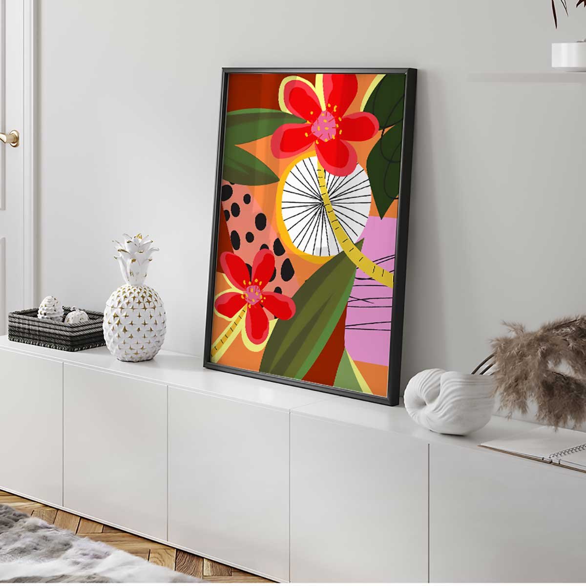 Affiche encadrée fleurs tropicales multicolore affiche + cadre en métal - noir, HEXOA