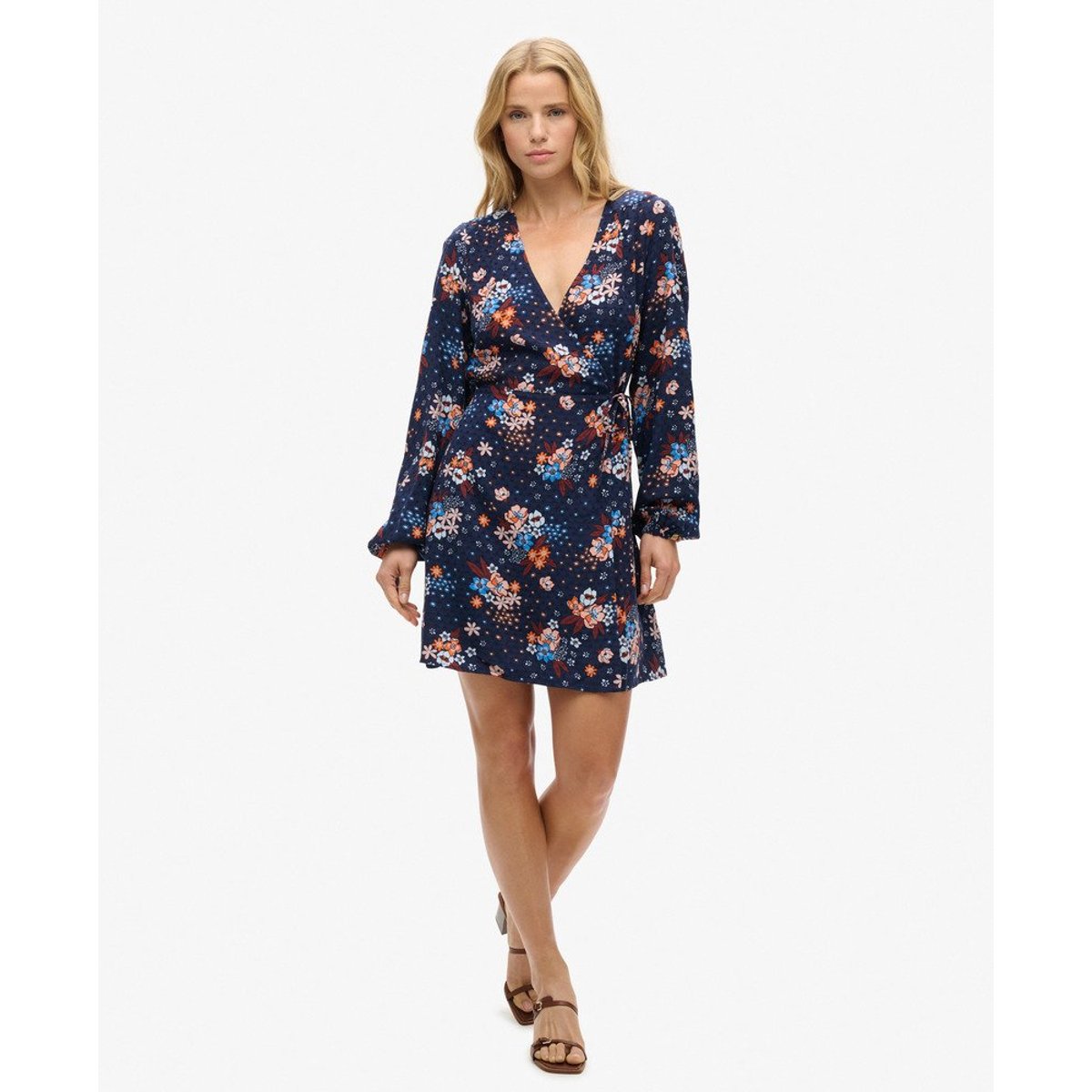 Robe courte portefeuille imprimée bleu marine à fleurs doris, SUPERDRY