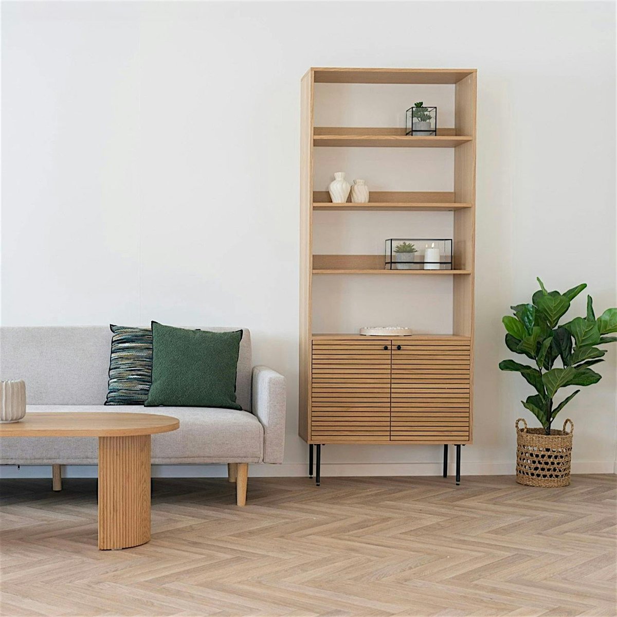 Bibliothèque étagère salon 2 portes effet rainuré ASSENS bois naturel, PIER IMPORT