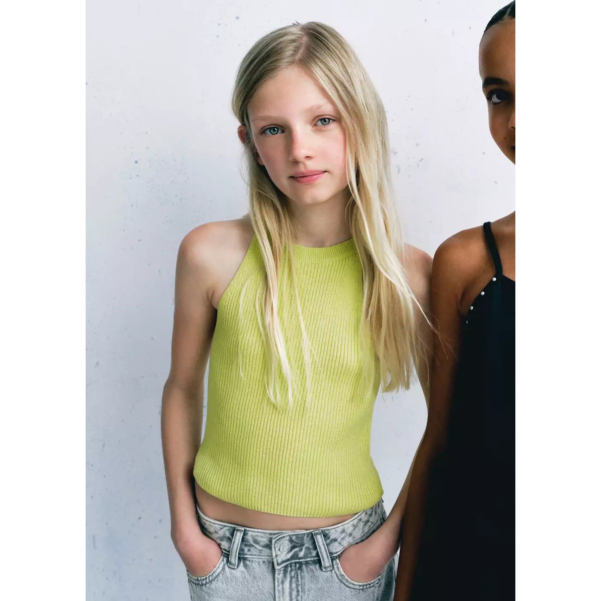 Top halter en maille côtelée jaune fluo, MANGO KIDS